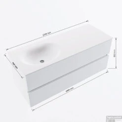 MONDIAZ VICA 120cm Badmeubel Onderkast Talc 2 Lades. Wastafel Moon Links Zonder Kraangat, Kleur Talc Met Spiegel LED. -Duravit Verkoop vicamoon120links2maattekening 12526264451468
