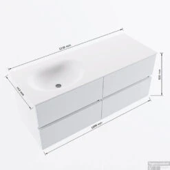 MONDIAZ VICA 120cm Badmeubel Onderkast Talc 4 Lades. Wastafel Moon Links Zonder Kraangat, Kleur Talc Met Spiegel LED. -Duravit Verkoop vicamoon120links4maattekening 12526264451636