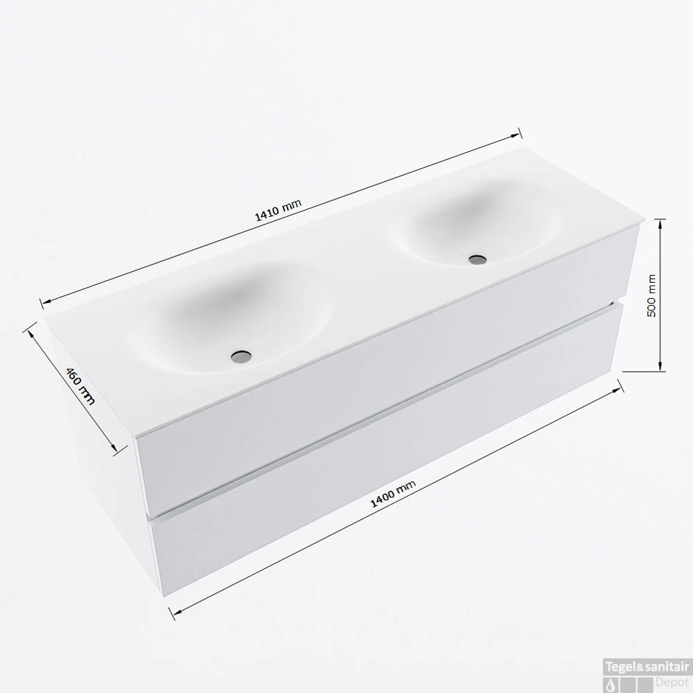 MONDIAZ VICA 140cm Badmeubel Onderkast Ocher 2 Lades. Wastafel MOON Dubbel 2 Kraangaten, Kleur Talc. 7 MONDIAZ VICA 140cm Badmeubel Onderkast Ocher 2 Lades. Wastafel MOON Dubbel 2 Kraangaten, Kleur Talc. - Afbeelding 7