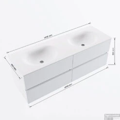MONDIAZ VICA 140cm Badmeubel Onderkast Talc 4 Lades. Wastafel Moon Dubbel 2 Kraangaten, Kleur Talc Met Spiegel LED. -Duravit Verkoop vicamoon140dubbel4maattekening 12526264452144