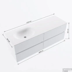 MONDIAZ VICA 140cm Badmeubel Onderkast Dark Brown 4 Lades. Wastafel Moon Links Zonder Kraangat, Kleur Talc Met Spiegel LED. -Duravit Verkoop vicamoon140links4maattekening 12526264452032