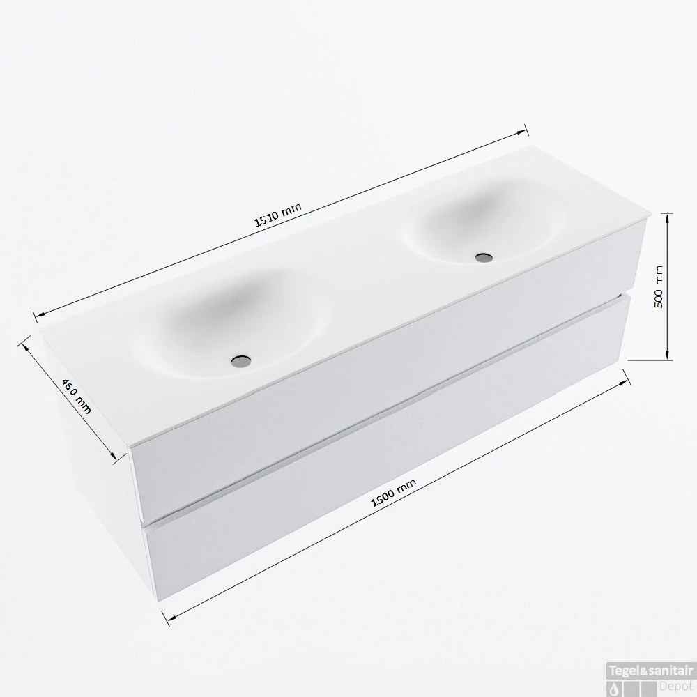 MONDIAZ VICA 150cm Badmeubel Onderkast Greey 2 Lades. Wastafel MOON Dubbel Zonder Kraangat, Kleur Talc. 7 MONDIAZ VICA 150cm Badmeubel Onderkast Greey 2 Lades. Wastafel MOON Dubbel Zonder Kraangat, Kleur Talc. - Afbeelding 7