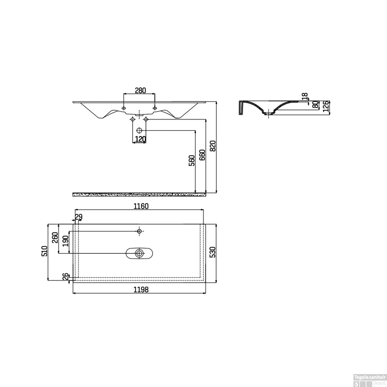 Wastafel Boss & Wessing Pion 119,8x53cm Wit 2 Wastafel Boss & Wessing Pion 119,8x53cm Wit - Afbeelding 2