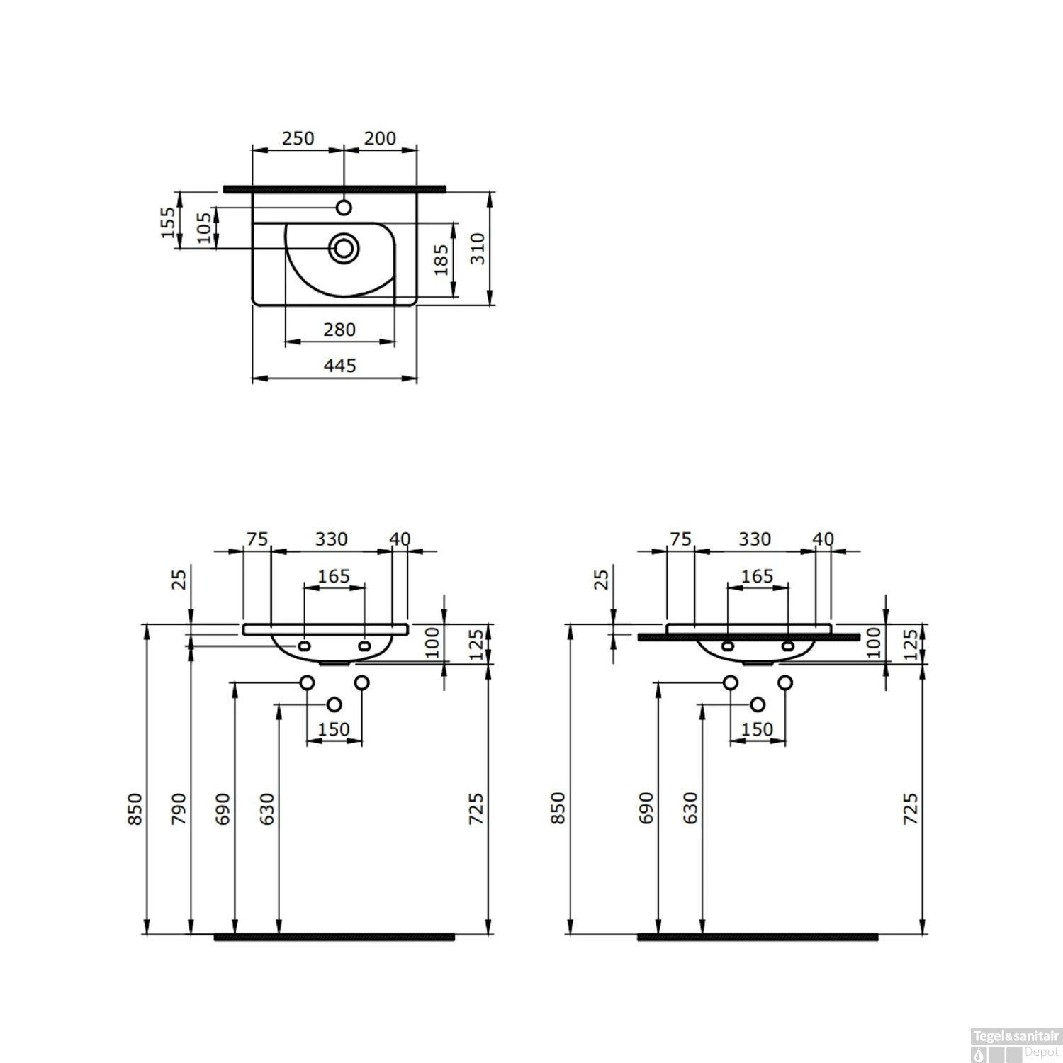 Wastafel Boss & Wessing Bocchi Taormina Design 44x31cm Mat Antraciet Met Kraangat - Afbeelding 2