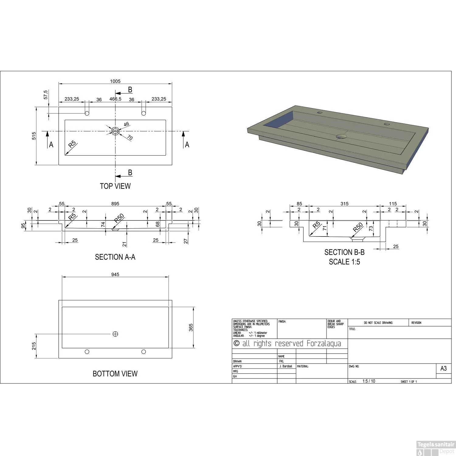 Wastafel Forzalaqua Helsinki Hardsteen Gefrijnd Met 2 Kraangaten 100,5x51,5x9,5 Cm - Afbeelding 2