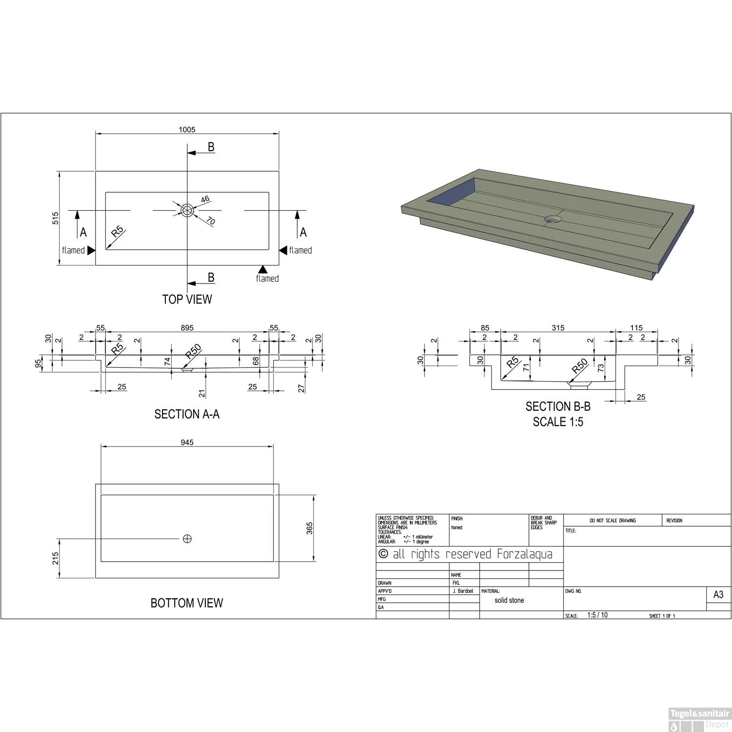 Wastafel Forzalaqua Helsinki Hardsteen Gefrijnd Zonder Kraangat 100,5x51,5x9,5 Cm - Afbeelding 2