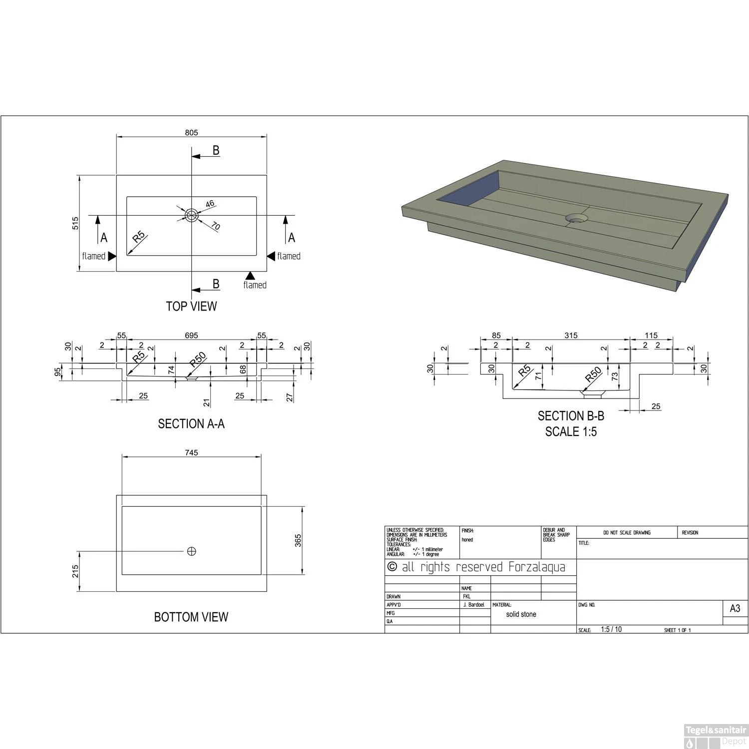 Wastafel Forzalaqua Helsinki Hardsteen Gefrijnd Zonder Kraangat 80,5x51,5x9,5 Cm 2 Wastafel Forzalaqua Helsinki Hardsteen Gefrijnd Zonder Kraangat 80,5x51,5x9,5 Cm - Afbeelding 2