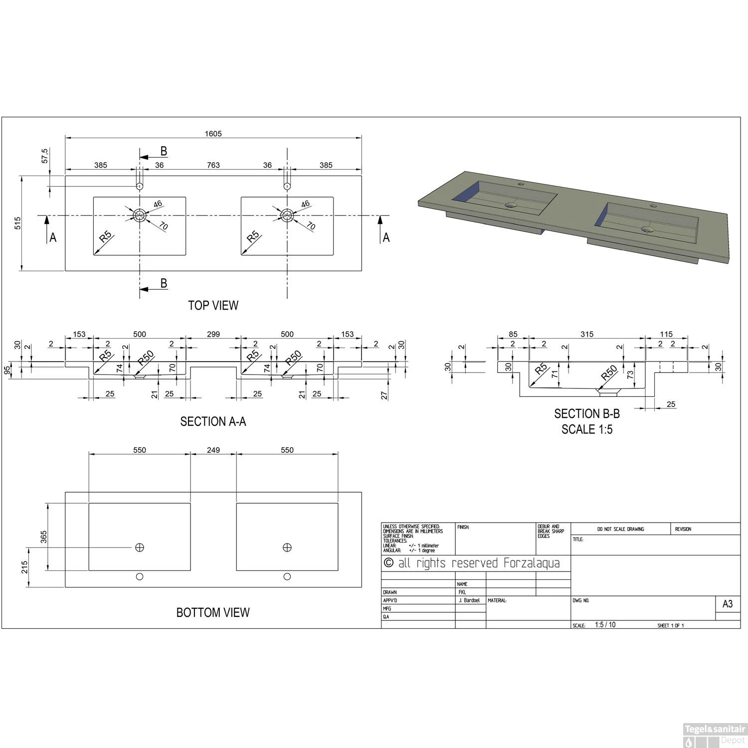 Wastafel Forzalaqua Helsinki Hardsteen Gezoet Met 2 Kraangaten 160,5x51,5x9,5 Cm - Afbeelding 2