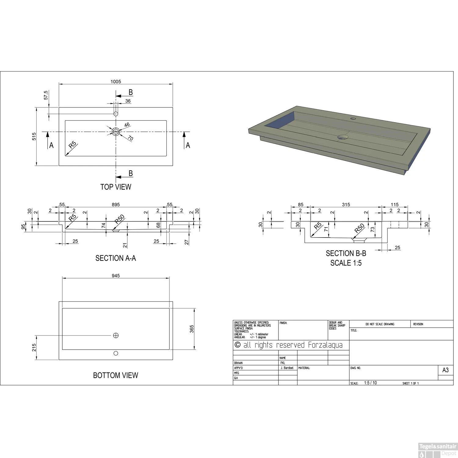 Wastafel Forzalaqua Helsinki Hardsteen Gezoet Met Kraangat 100,5x51,5x9,5 Cm - Afbeelding 2