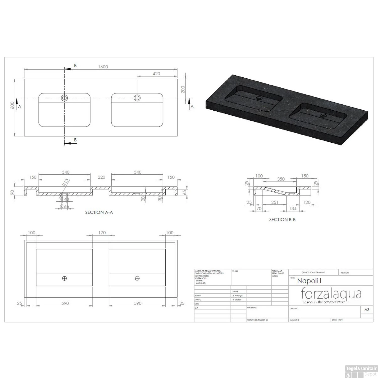 Wastafel Forzalaqua Napoli Travertin Gezoet 160x60x9 Cm Zonder Kraangat 2 Wastafel Forzalaqua Napoli Travertin Gezoet 160x60x9 Cm Zonder Kraangat - Afbeelding 2