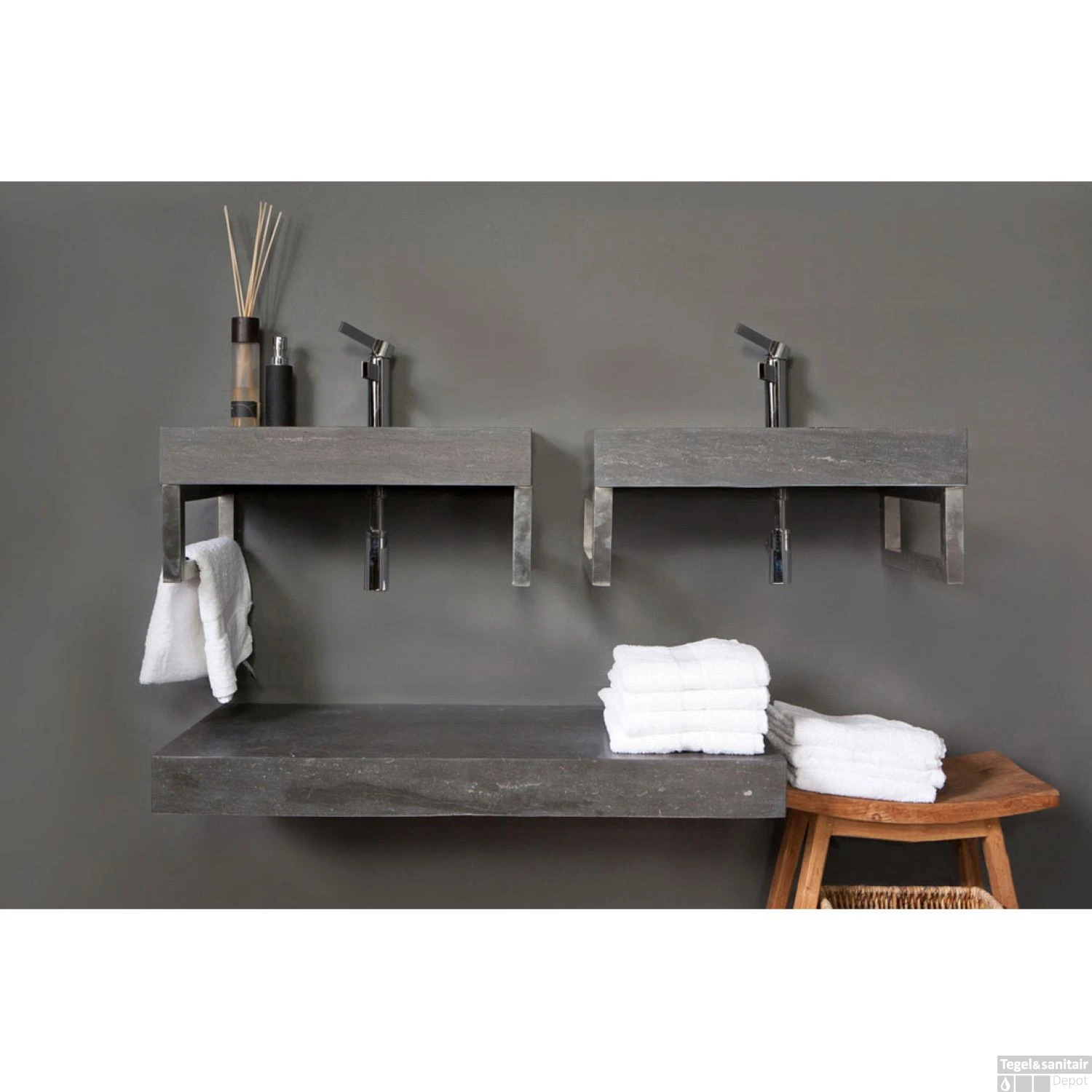 Wastafel Forzalaqua Oslo Hardsteen Gezoet Met 2 Kraangaten 80,5x51,5x9,5 Cm - Afbeelding 2