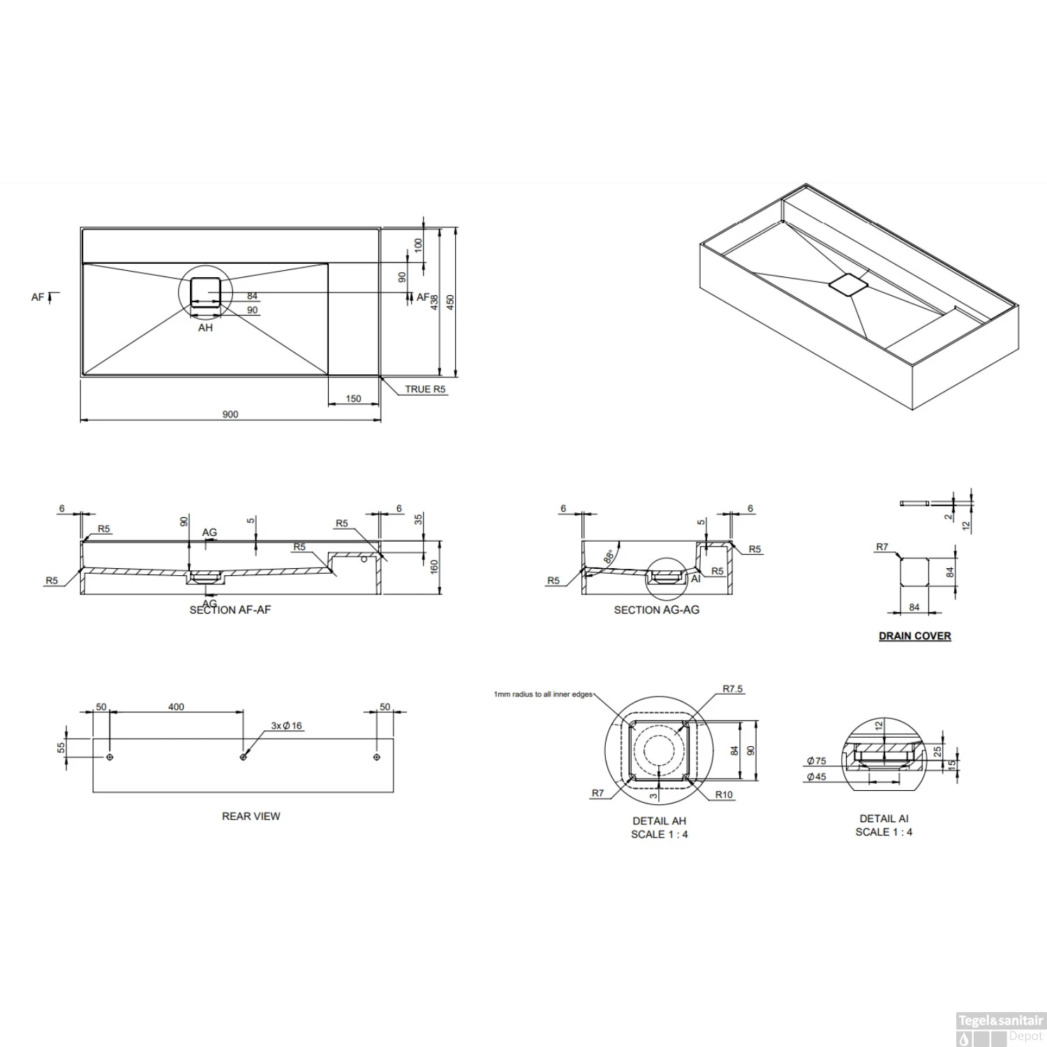 Wastafel Ideavit Solidbliss 90x45x16 Cm Solid Surface 1 Plateau Mat Wit - Afbeelding 2
