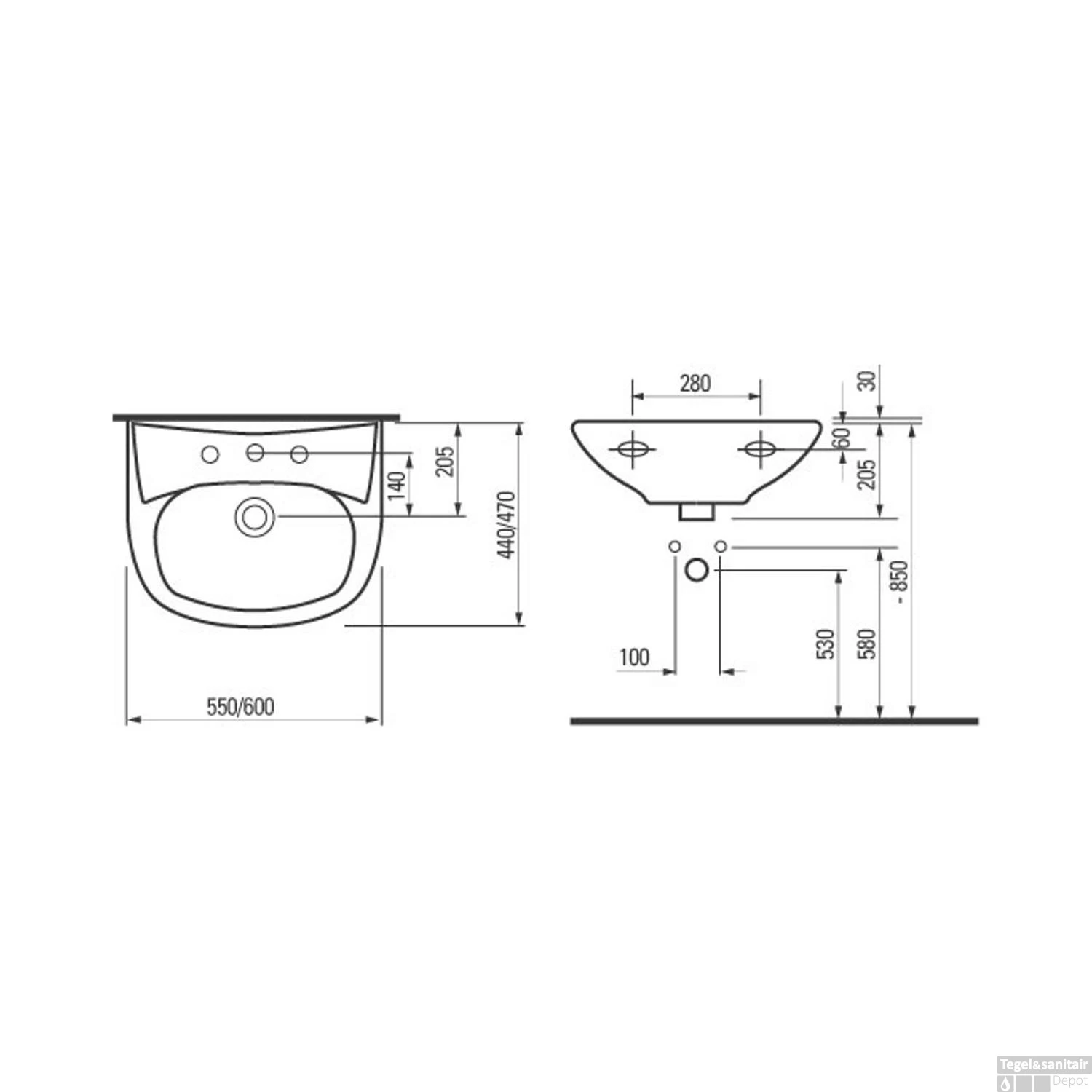 Wastafel Plieger Brussel 60x47cm Wit 2 Wastafel Plieger Brussel 60x47cm Wit - Afbeelding 2