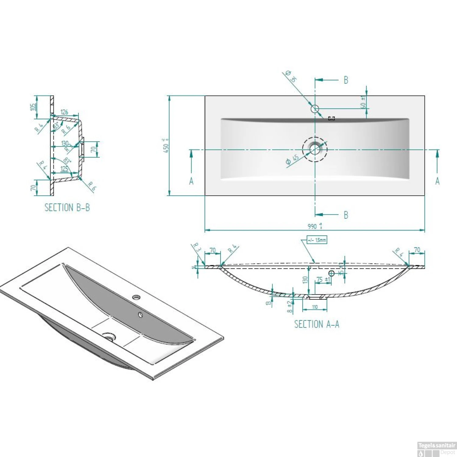 Wastafel Sanicare Mineraalmarmer Q4 99.2x45.2 Cm Zonder Kraangat Wit 2 Wastafel Sanicare Mineraalmarmer Q4 99.2x45.2 Cm Zonder Kraangat Wit - Afbeelding 2