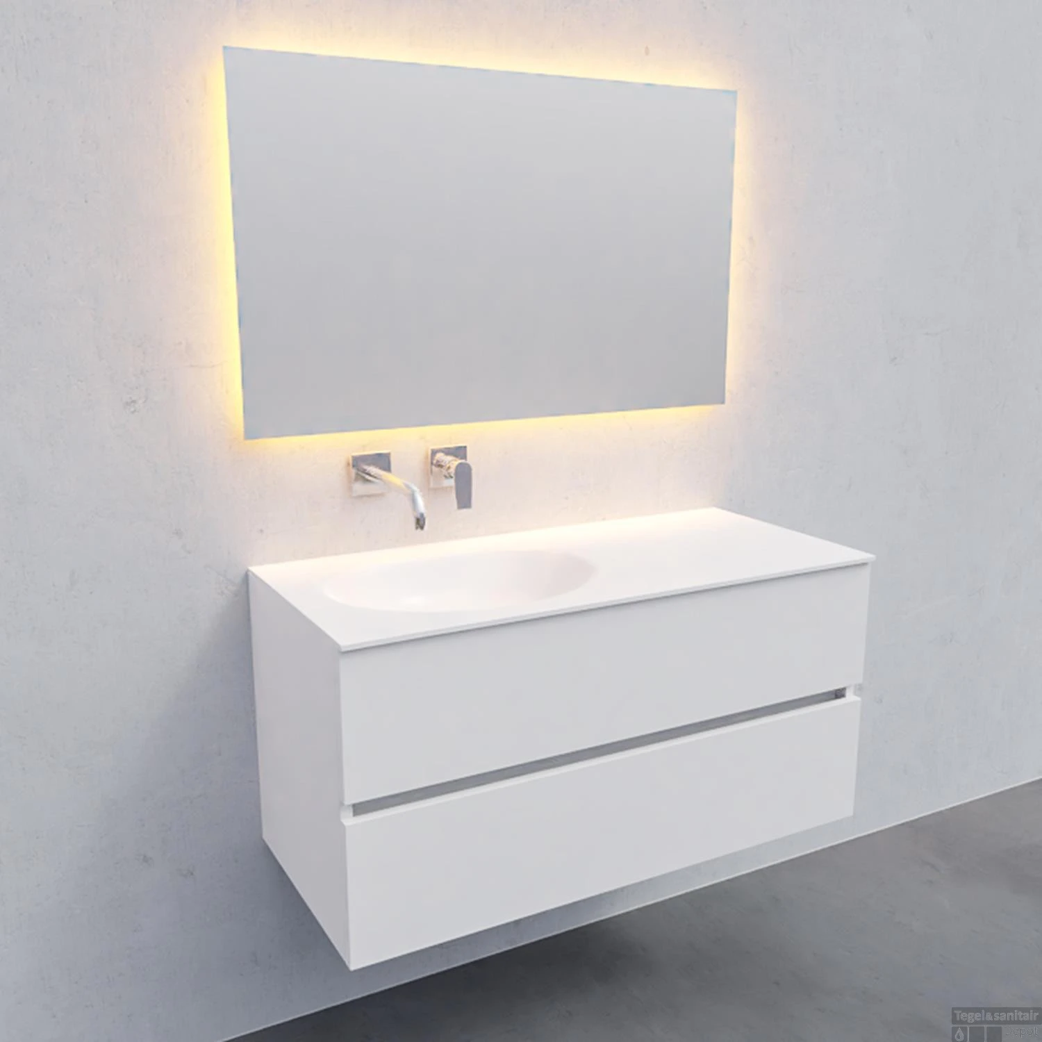 Badkamermeubel Solid Surface BWS Stockholm 100x46 Cm Links Mat Wit (zonder Kraangat) 3 Badkamermeubel Solid Surface BWS Stockholm 100x46 Cm Links Mat Wit (zonder Kraangat) - Afbeelding 3