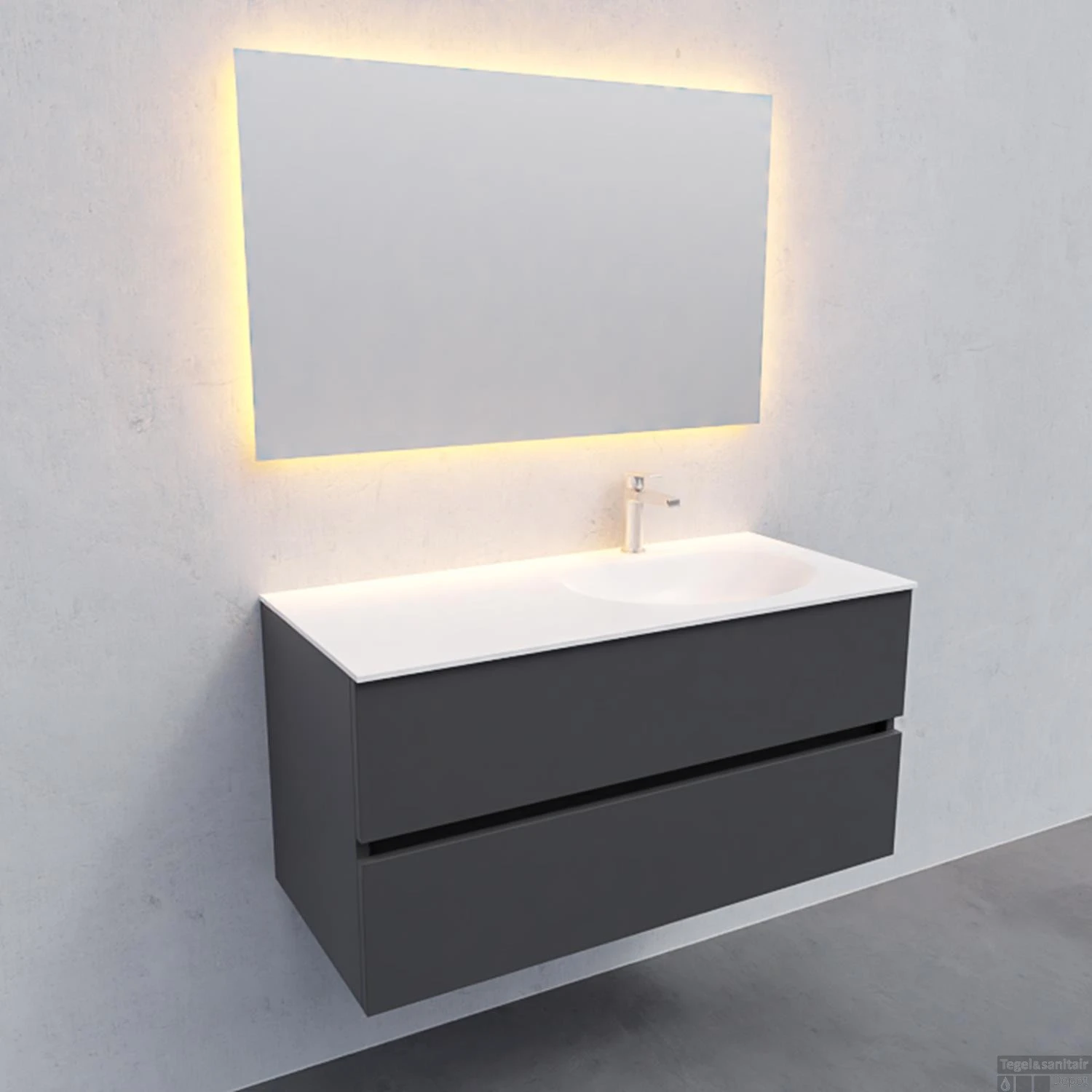 Badkamermeubel Solid Surface BWS Stockholm 100x46 Cm Rechts Mat Antraciet (met 1 Kraangat) 3 Badkamermeubel Solid Surface BWS Stockholm 100x46 Cm Rechts Mat Antraciet (met 1 Kraangat) - Afbeelding 3