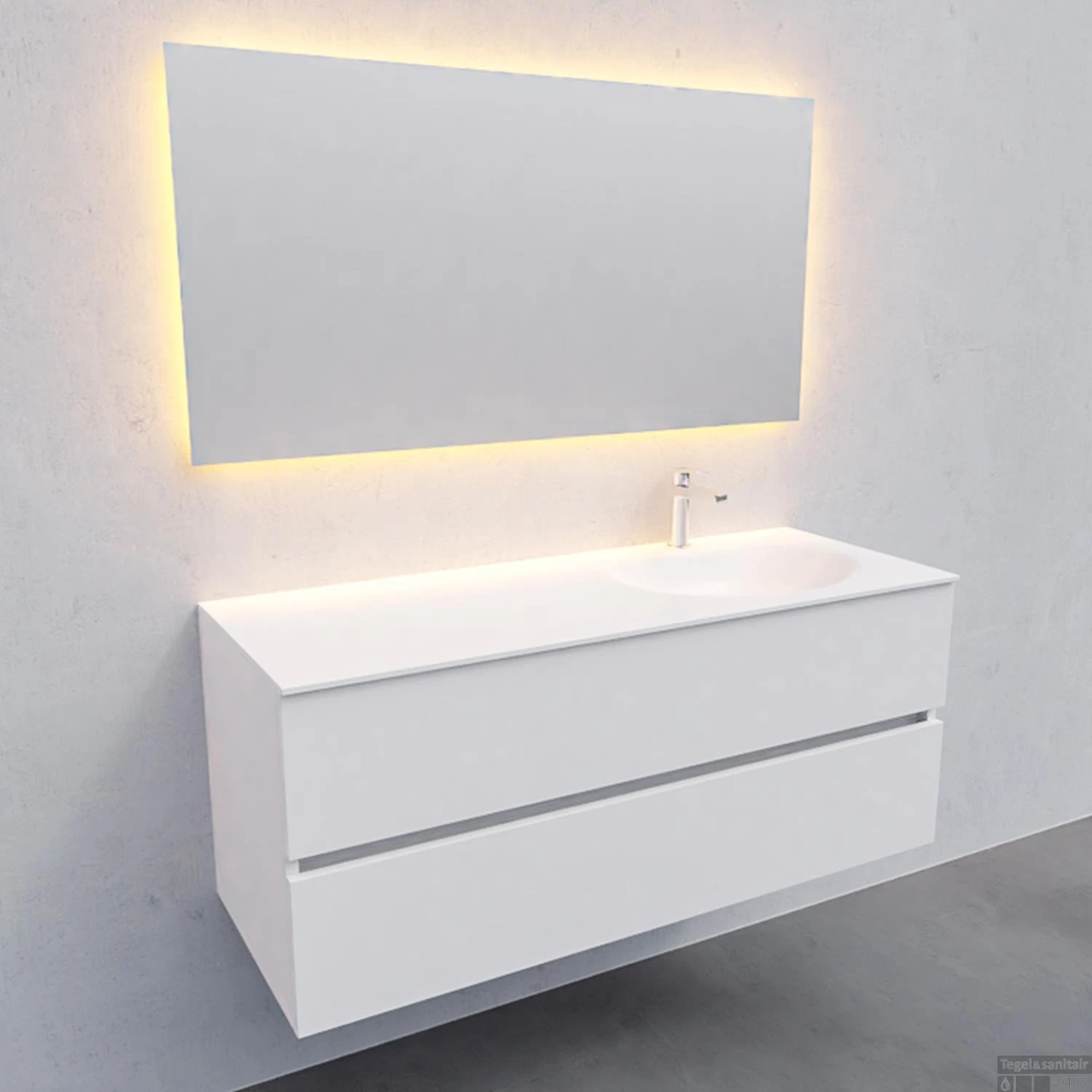 Badkamermeubel Solid Surface BWS Stockholm 120x46 Cm Rechts Mat Wit (met 1 Kraangat) 3 Badkamermeubel Solid Surface BWS Stockholm 120x46 Cm Rechts Mat Wit (met 1 Kraangat) - Afbeelding 3