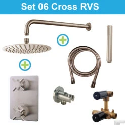 Wiesbaden Inbouw Regendouche Set 06 Cross Muuruitloop Geborsteld Staal